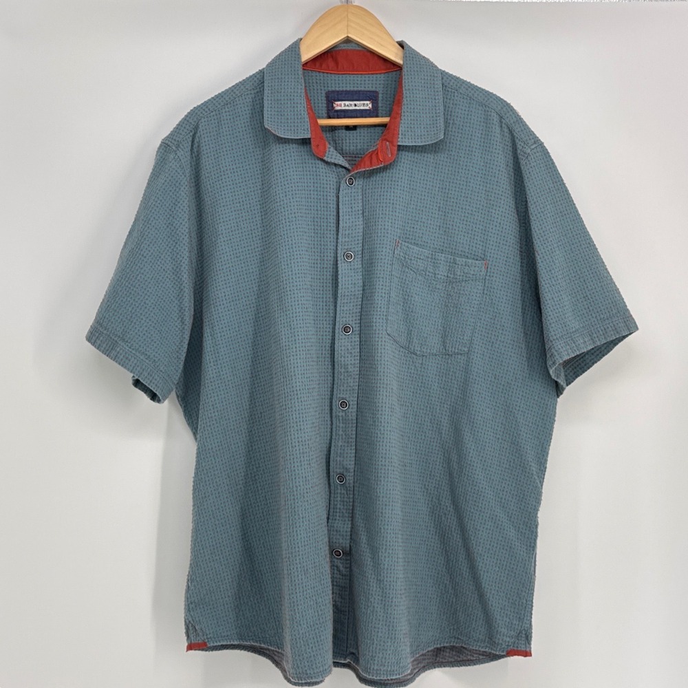 32 Bar Blues Shirt Mens XXL Blue Red Textured Waffle Knit Short Sleeve Button Up